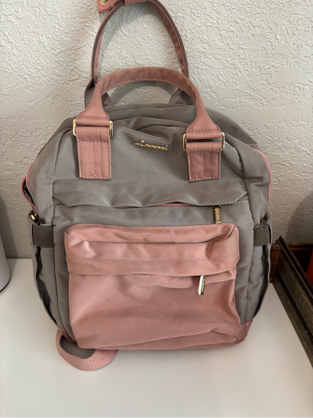 Two-Tone Pink and Taupe Women’s Backpack Purse with built in charging ports